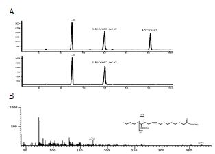 Fig. 15. (A) SDS-PAGE analysis of expressed and purified 13-hydratase. Gas chromatogram (B) and GC-MS of 13-HOD.