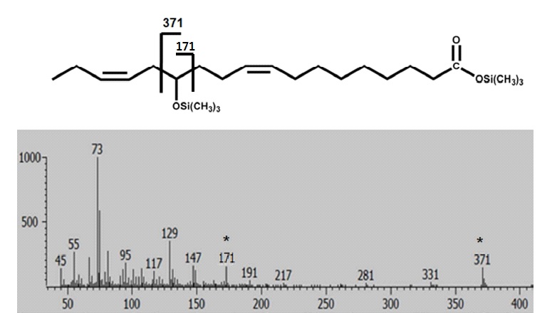 Fig. 23. GC mass analysis of 13-hydroxy-12,15(Z,Z)-octadecadienoic acid from α-linolenic acid by L. acidophilus linoleate 13-hydratase.