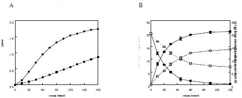 Fig. 23. Time-course production of 13-hydroxy-9,11(Z,E)-octadecadienoic acid from linoleic acid by B. thailandensis lipoxygenase and soybean lipoxygenase (commercial enzyme). (A) Determination of activity by spectrometer. B. thailandensis lipoxygenase (filled circle) and soybean lipoxygenase (filled square) (B) Production of 13-hydroxy-9,11(Z,E)-octadecadienoic acid from linoleic acid Linoleic acid (filled square) and 13-hydroxy-9,11(Z,E)-octadecadienoic acid (filled circle) of B. thailandensis lipoxygenase. Linoleic acid (empty square) and 13-hydroxy-9,11(Z,E)-octadecadienoic acid (empty circle) of soybean lipoxygenase