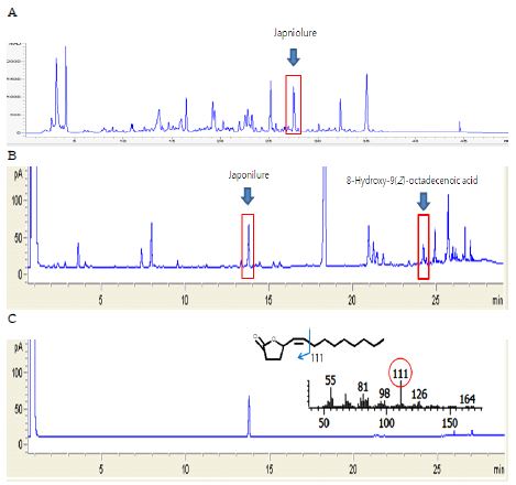 Fig. 27. Product identification of japonilure from 8-hydroxy-9-octadecenoic acid by whole cells of C. palmiolephila. (A) HPLC analysis of japonilure, (B) GC analysis of japonilure, (C) GC-MS analysis of purified japonilure