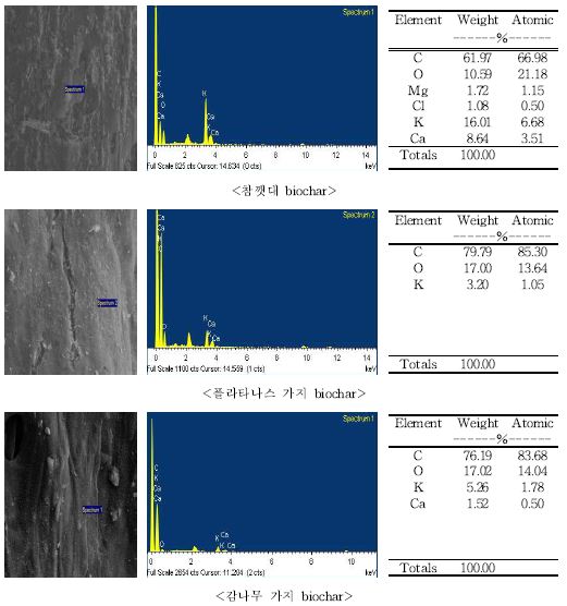 Fig. 3-11. SEM 및 EDS를 이용한 biochar 종류별 표면 관찰 및 원소함량