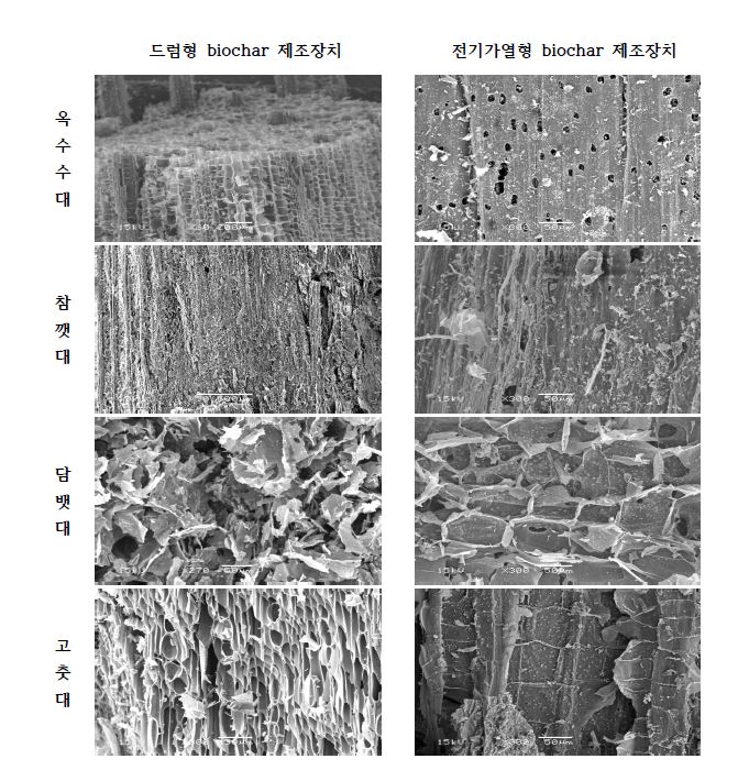 Fig. 3-46. 드럼형 및 전기가열형 biochar 제조장치에서 생산된 biochar의 SEM 사진