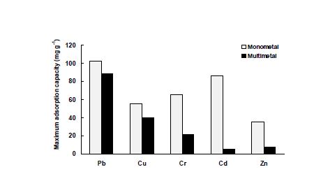 Fig. 3-154. 단일 및 복합 중금속 용액에 대한 참깨 biochar의 최대 흡착능 비교.