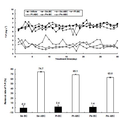 Fig. 3-159. 환경정화용 biochar 종류별 T-P 처리효율.