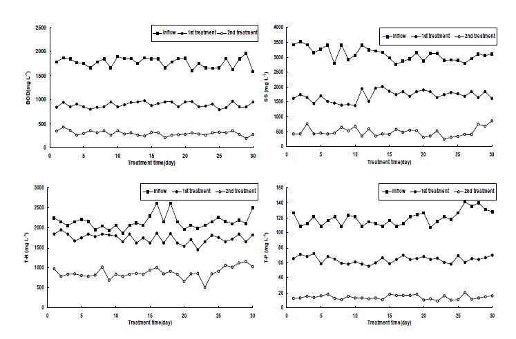 Fig. 3-167. Lab-scale 인공습지에서 축산폐수 주입에 따른 오염물질 농도변화