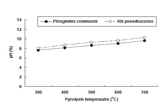 Fig. 3-216. 열분해 온도별 갈대 및 창포 biochar의 pH.