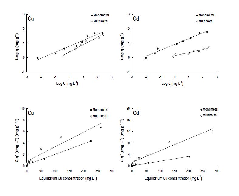 Fig. 3-219. Freundlich 및 Langmuir 등온흡착식에 의한 단일 및 이성분 용액에서 갈대biochar의 중금속 흡착능