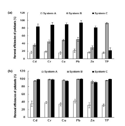 Fig. 3-234. Biochar와 활성화된 biochar의 조합방법별 중금속 및 인 처리효율