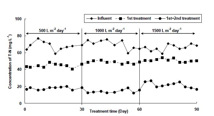 Fig. 3-244. 소형 자연정화시스템에서 하수부하량에 따른 T-N 처리효율.
