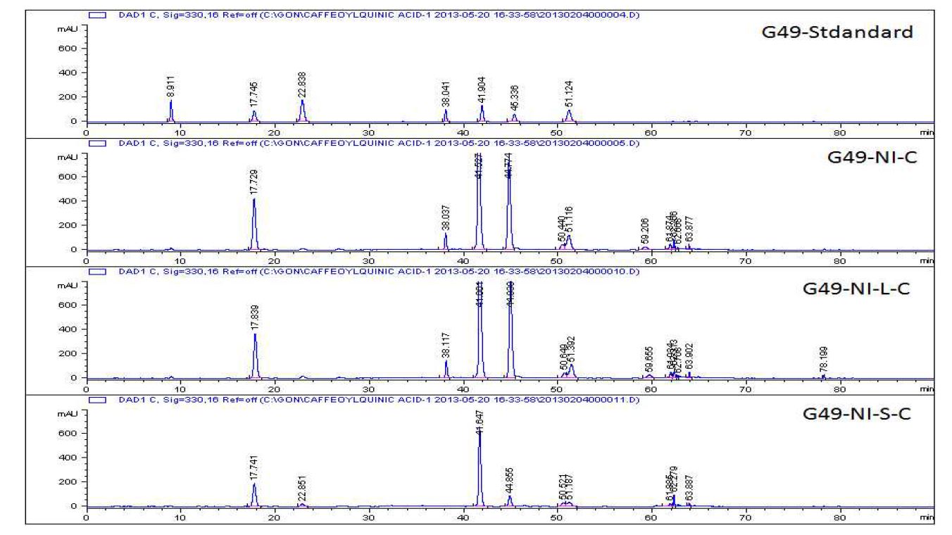 인제산 곰취 부위별 추출물 HPLC chromatogram