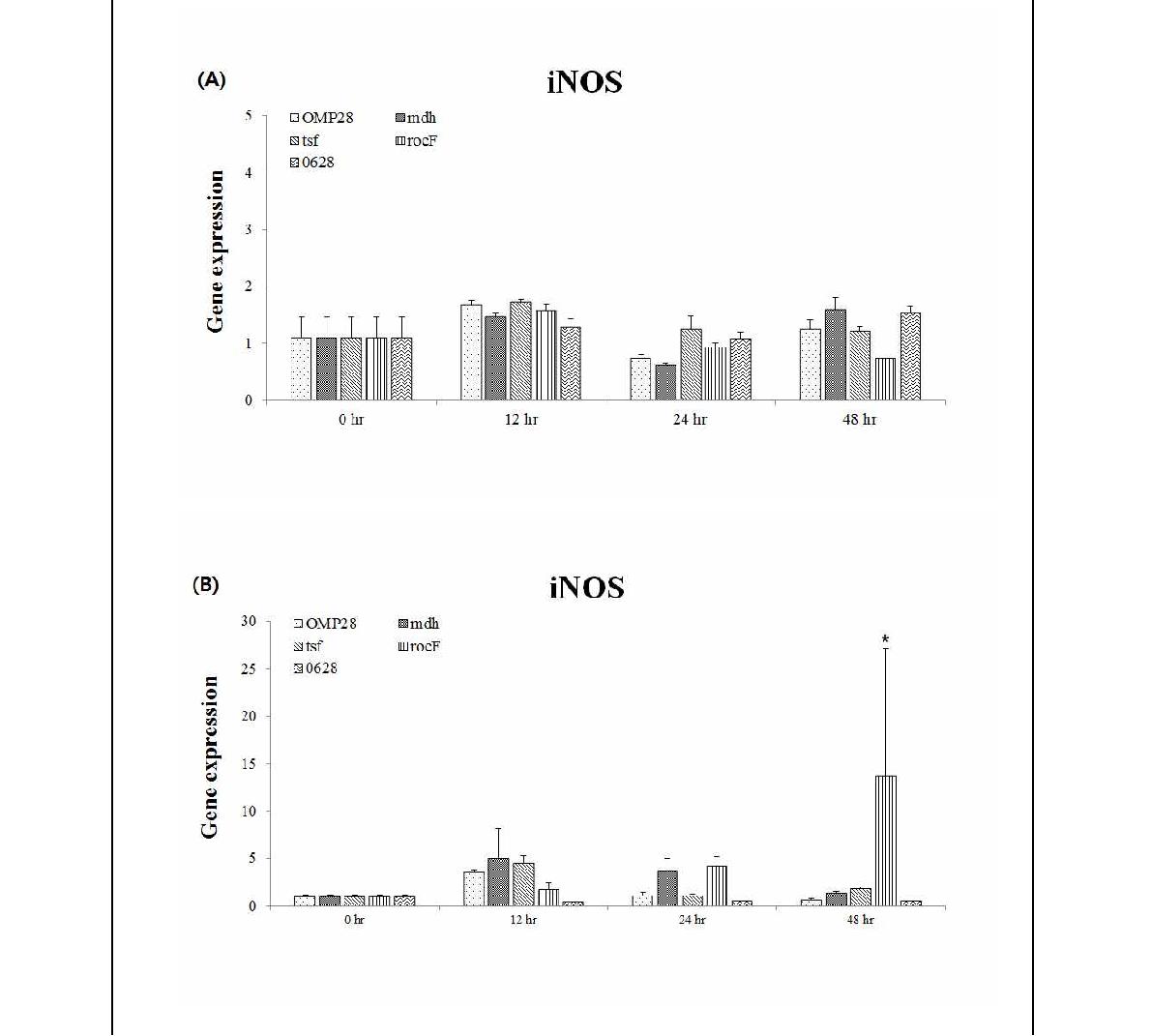 Fig. 89. 고면역원성 재조합 항원 5ug (A), 10ug (B) 자극에 대한 시간대별 iNOS 발현량 (* p ＜ 0.05)