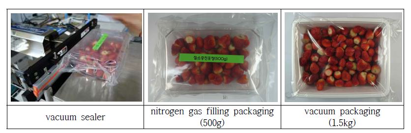 Fig. 3. Nozzle type of vacuum and gas flushing vacuum sealer and minimally processed summer strawberry Albion cultivated on high land of Pyeongchang area in 2014 after forced-air cooling and 0.05mm LDPE film packaging with nitrogen gas filling or vacuum, respectively.