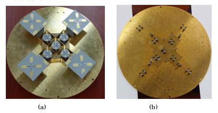 [그림] 제작된 이중대역 피드 조립체 (a) 전면 (b) 후면