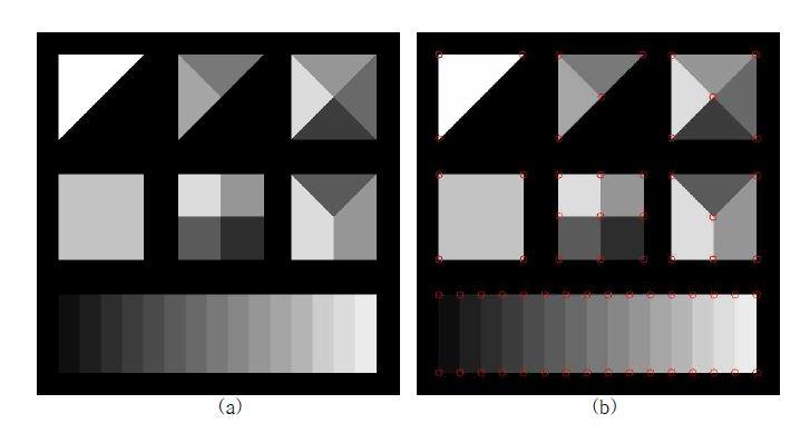 The result of corner detection to artificial image (a) the original artificial image (b) the detected corners by the proposed detector.