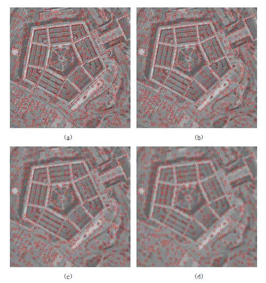 Results of corner detection by proposed detector (a) original image (b) σ = 1.0 (c) σ = 2.0 (d) σ = 3.0.