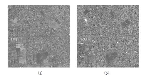 Experimental KOMPSAT-2 images (a) reference image taken on June 22, 2010 (b) sensed image taken on October 14, 2012.