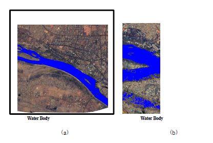 Result of water body extraction for site A (a) before flood (b) after flood.