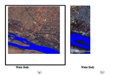 Result of water body extraction for site C (a) before flood (b) after flood.