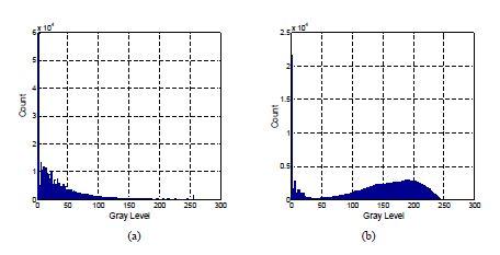 Histograms of Fig. 4 (a) the original test Kompsat-5 image (b) the normalized entropy image.