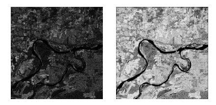 (a) The original test Kompsat-5 image over Ranjanpur District in Pakistan (b) the normalized entropy image created from GLCM.