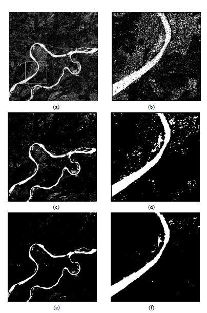 Results of water body extraction by using (a) the original image (c) the entropy image (e) the WBTI image. The images (b), (d) and (f) on the right column are enlarged images of the images (a), (c) and (e) over the white square area in Fig. 47(a).