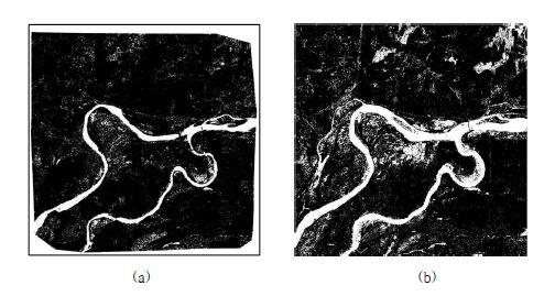 Results of water body extraction by using entropy (a) the sensed image (b) the reference image(T-130).