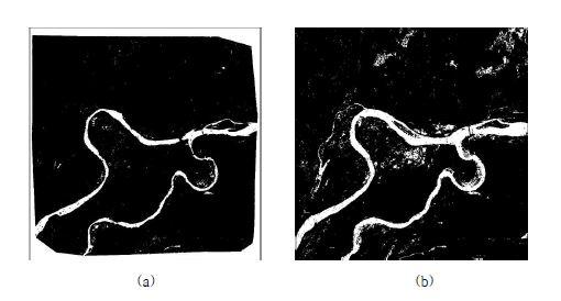 Results of water body extraction by using WBTI (a) the sensed image (b) the reference image.