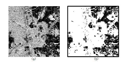 (a) Binary image after thresholding (b) man-made object site (white region) after closing operation.