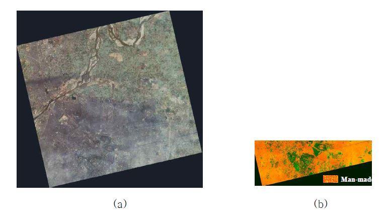 Classification of man-made object site in full image (a) Kompsat-3 image (b) man-made object site after closing operation and NDVI analysis.