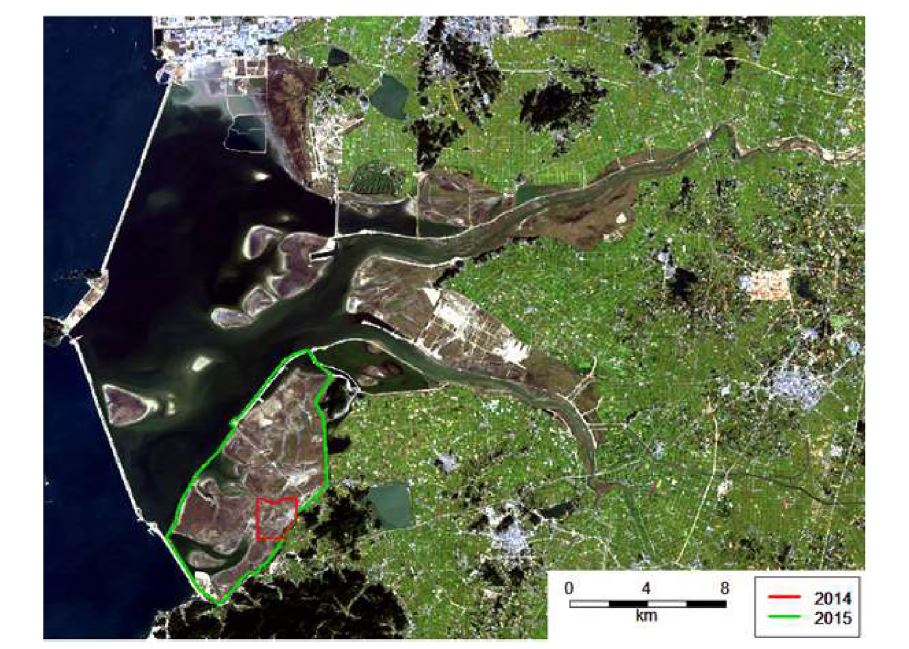 새만금 간척매립지와 현장조사지역 (Landsat 8 OLI 2014년 10월 5일 영상 Red-Green-Blue color composite)