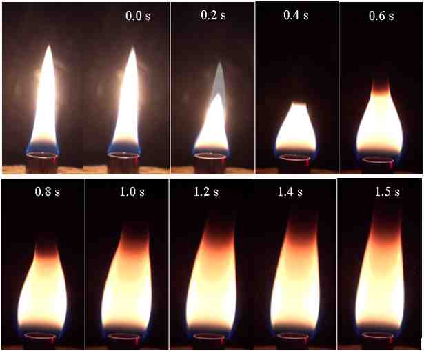 그림 3-20 마이크로중력 환경하에서 n-부탄 화염의 변화