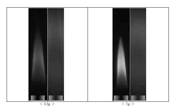 그림 3-22 부분중력과 지상중력에서의 화염 형상 및 매연 분포