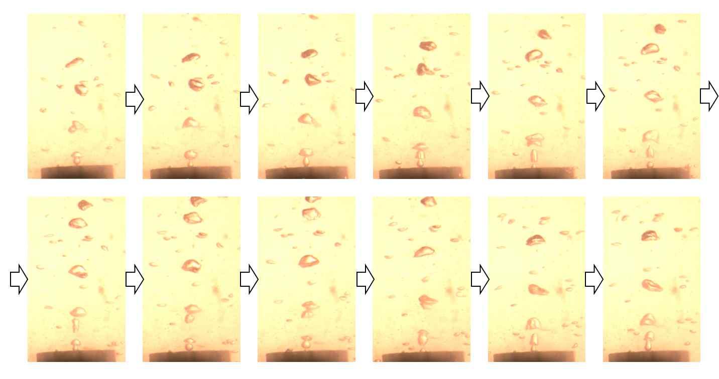 액체 질소 내로 2ⅹ10-7 m3/s의 헬륨을 분사하였을 때 버블들의 움직임(time interval : 0.004s)