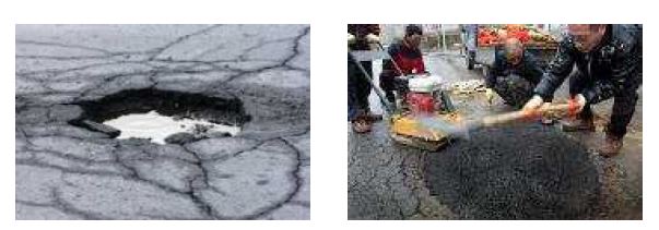 [그림] 도로에 생긴 포트홀(좌)과 이를 메우는 작업사진(우)