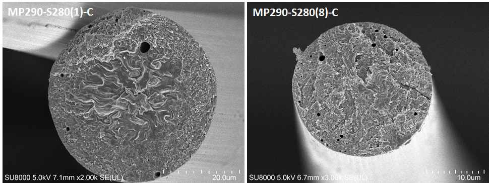 [그림] 안정화온도 유지시간 1h(좌) 및 8h(우)인 MP290 탄화섬유 단면 이미지