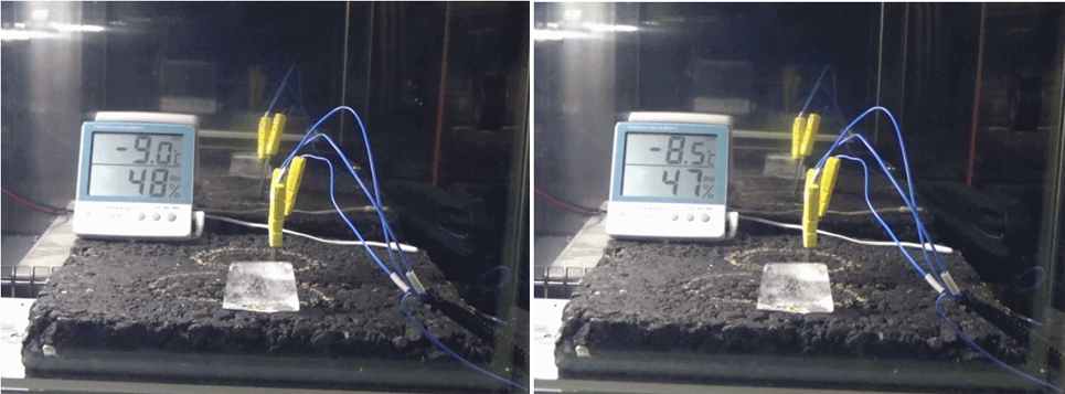 [그림] -10oC 환경에서 탄소섬유 전압인가 시 얼음 용해거동 확인
