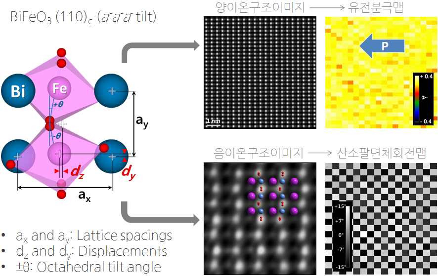 본 연구진이 선행 연구를 통해 구조 오더파라메터에 대한 직접 이미징 기술의 가능성을 시연한 예로서 대상 시료는 110방향으로 배열된 다중강성 비스무스산화철임