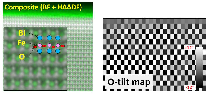좌: BFO 산화물소재에서 산소(녹색)원자를 직접 이미징한 예, 우: 산소원자 결상결과로 구조내 산소팔면체 회전데이타를 추출한 예