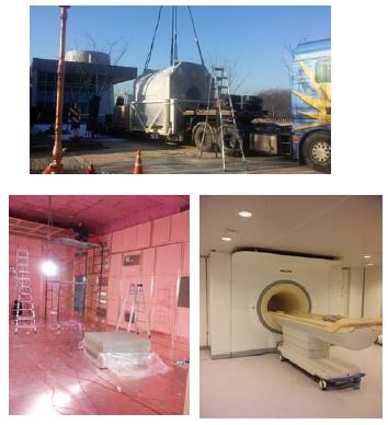 7T MRI magnet 운송 과정 (상), 7T MRI room RF shielding 작업 (하좌) 및 설치된 7T MRI (하우)