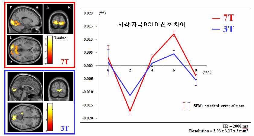 깜빡이는 체커보드 패턴을 보는 시각 자극을 수행할 때 7T와 3T fMRI BOLD 신호 분석 결과