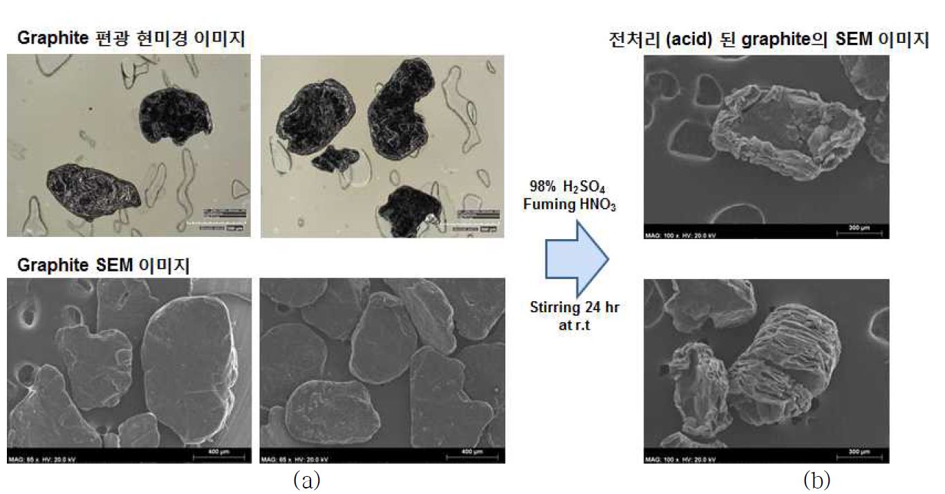 그림 3-1-1. (a) 대면적 graphite의 광학 현미경 및 SEM 이미지, (b) 전처리 과정을 거친 IEG 샘플의 SEM 이미지