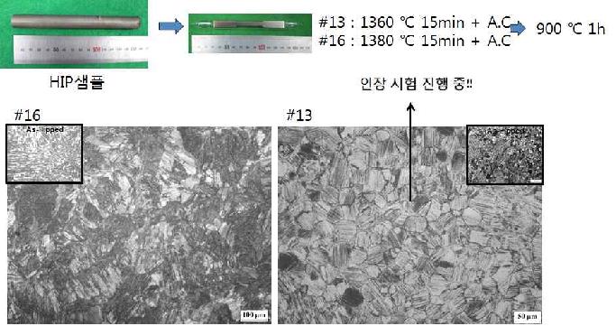 그림 23. #13합금과 #16 합금의 HIP 샘플 열처리 후 미세조직 관찰결과