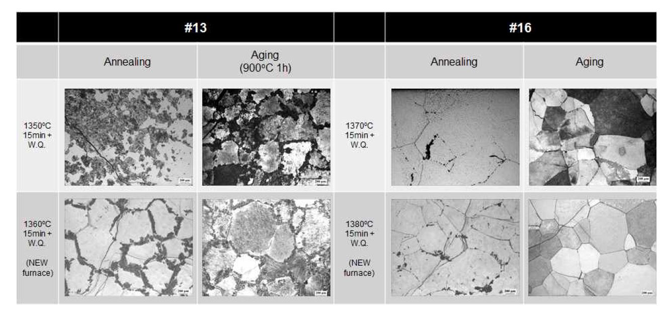 그림 22. #13합금과 #16 합금의 주조 샘플 열처리 후 미세조직 관찰결과