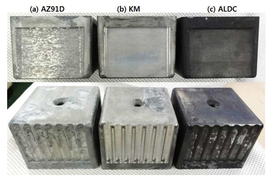 그림 3-5. 3.5 wt.% NaCl 용액에서 1일 동안 침지한 다이캐스팅 시험편의 외관; (a) AZ91D (b)KM-3G (c) ALDC 12.