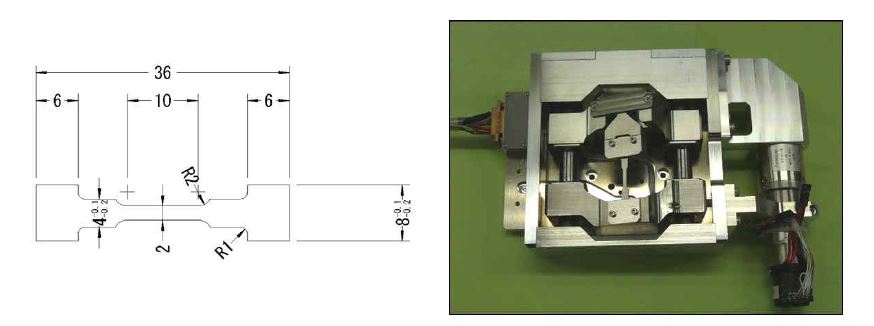 그림 28. In-situ EBSD 분석에 사용한 인장시험편 규격과 소형 인장시험기