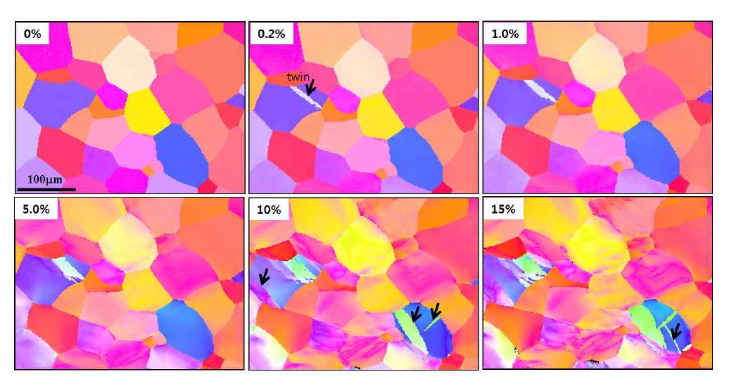 그림 29. Gr.2 순수 Ti 판재의 변형에 따른 ND orientation maps