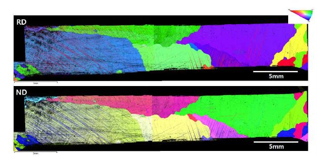 그림 33. AZ31 준결정의 인장변형 후 EBSD orientation maps (RD 및 ND)