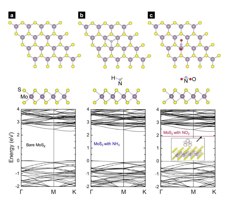 그림 1. MoS2 표면과 NH3, NO2 분자간 상호작용의 제일원리계산 결과