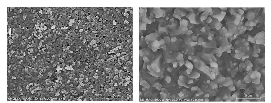 그림 34. 소결전 (왼쪽) 후 (오른쪽)의 알루미나 구조체 표면구조 비교