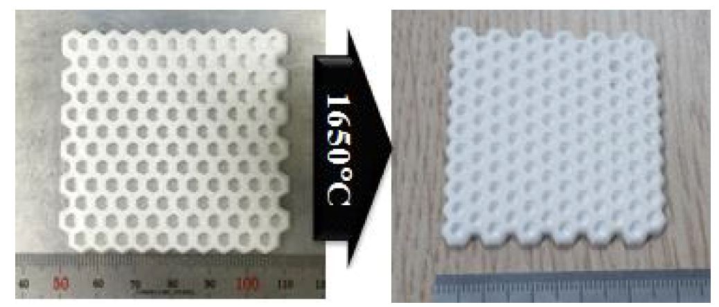 그림 36. Top-down방식으로 프린팅된 소결전후 알루미나 구조체 비교